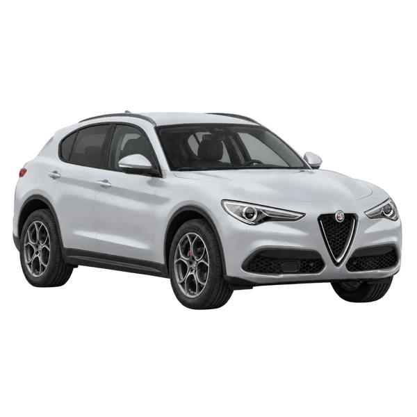 silver 2020 Alfa Romeo Stelvio front three-quarter (facing left) view