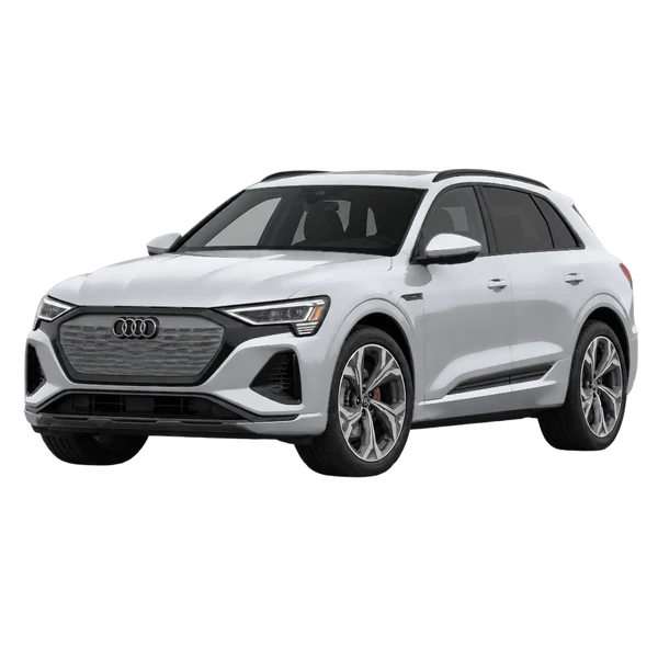silver 2025 Audi Q8 50 E-Tron front three-quarter (facing left) view