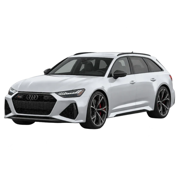silver 2022 Audi RS 6 Avant front three-quarter (facing left) view