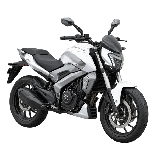 silver 2025 Bajaj Dominar 250 front three-quarter (facing left) view