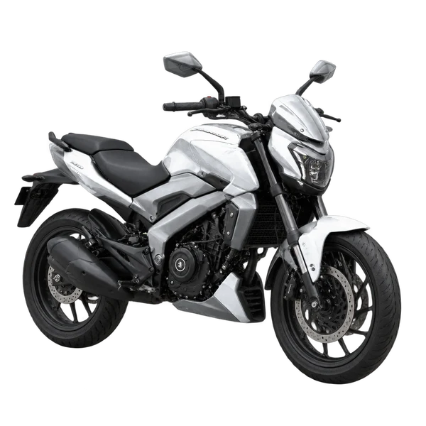silver 2025 Bajaj Dominar 400 front three-quarter (facing left) view