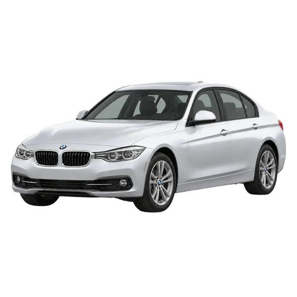 silver 2018 BMW 330e front three-quarter (facing left) view