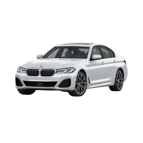silver 2023 BMW 550E Xdrive front three-quarter (facing left) view