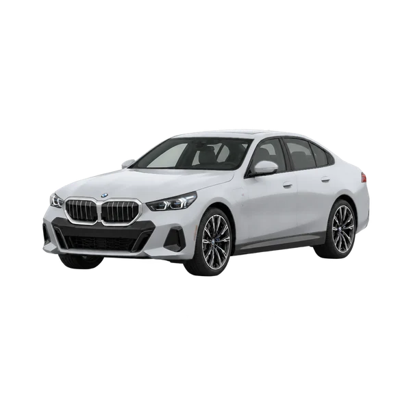 silver 2024 BMW 550E Xdrive front three-quarter (facing left) view