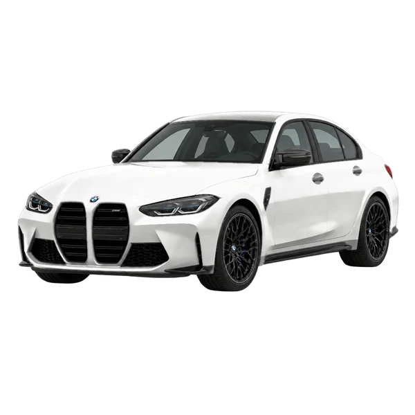 white 2020 BMW M3 front three-quarter (facing left) view
