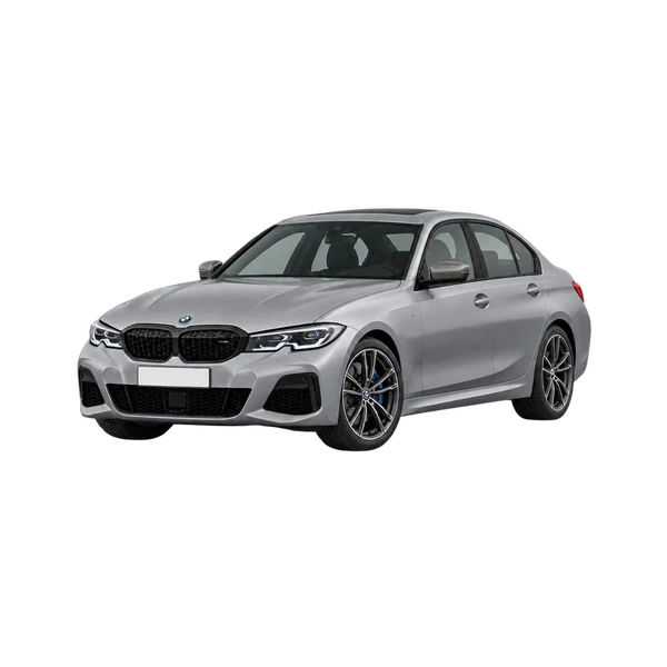 silver 2021 BMW M340i front three-quarter (facing left) view