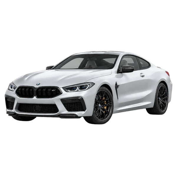 silver 2025 BMW M8 Competition front three-quarter (facing left) view