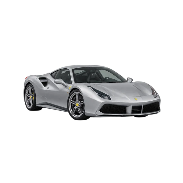silver 2017 Ferrari 488 front three-quarter (facing left) view