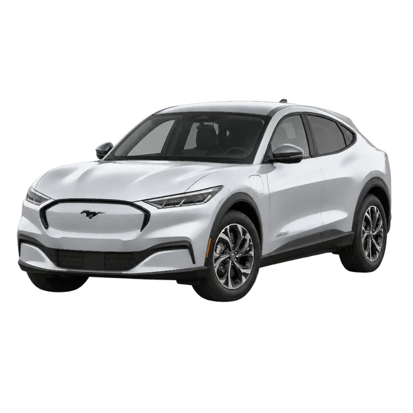 silver 2025 Ford Mustang Mach-E front three-quarter (facing left) view