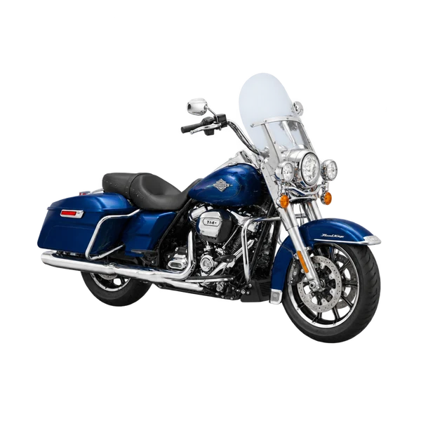 blue 2022 Harley-Davidson Road King front three-quarter (facing left) view