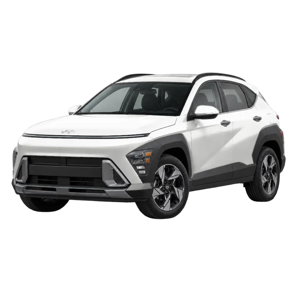 white 2027 Hyundai Kona front three-quarter (facing left) view