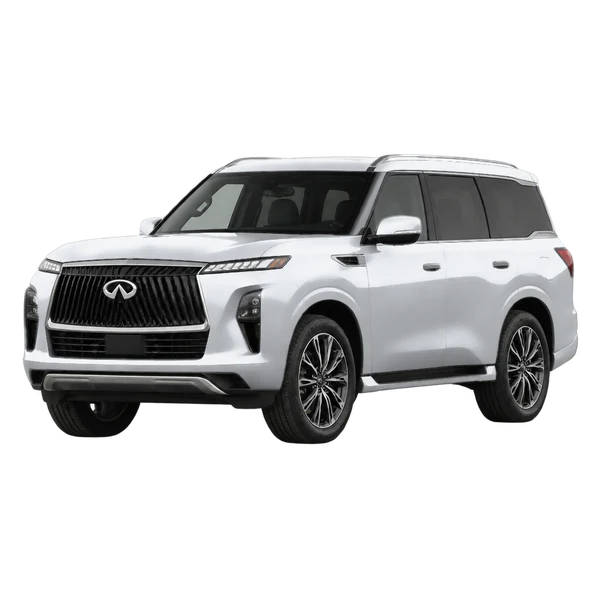 silver 2026 Infiniti QX80 front three-quarter (facing left) view