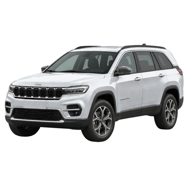 silver 2025 Jeep Meridian front three-quarter (facing left) view