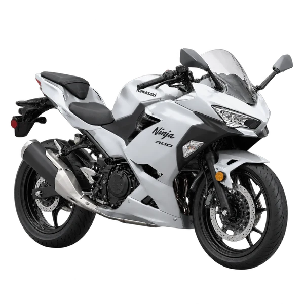 silver 2023 Kawasaki Ninja 400 front three-quarter (facing left) view