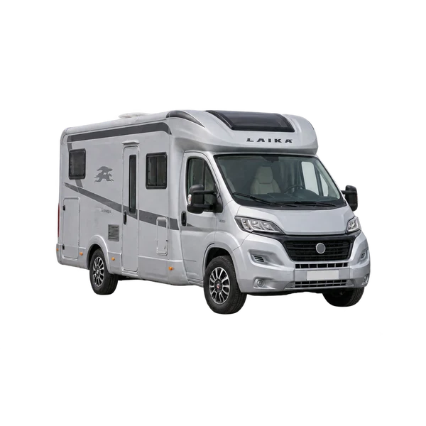 silver 2018 Laika Caravans Ecovip 312 front three-quarter (facing left) view
