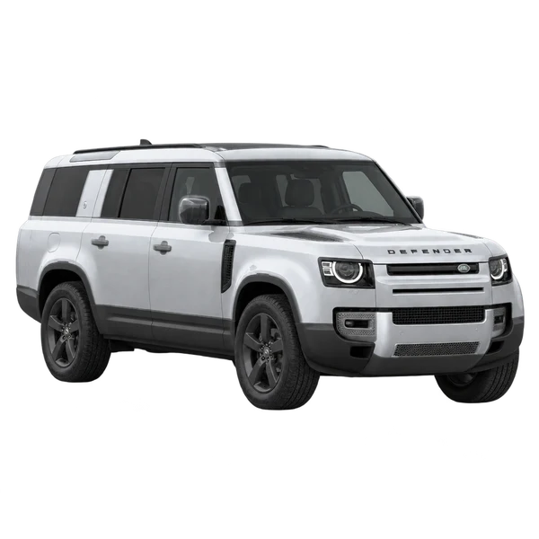 silver 2023 Land Rover Defender 130 front three-quarter (facing left) view