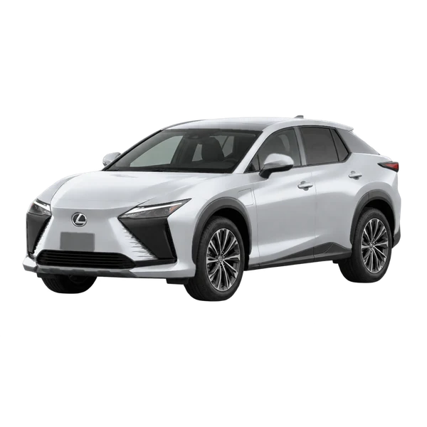silver 2025 Lexus RZ450E front three-quarter (facing left) view