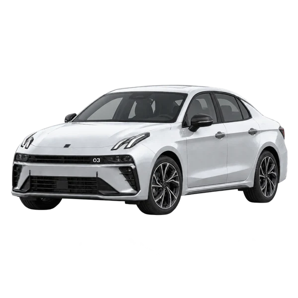 silver 2026 Lynk&CO 03 front three-quarter (facing left) view