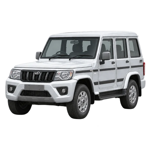 silver 2025 Mahindra Bolero front three-quarter (facing left) view