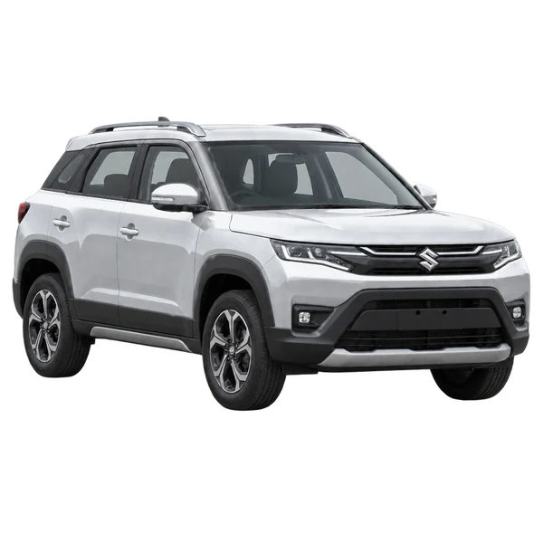 silver 2026 Maruti Brezza front three-quarter (facing left) view