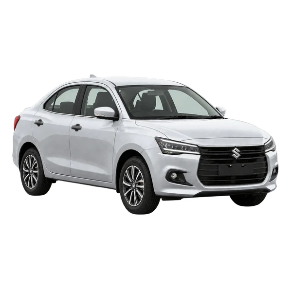 silver 2026 Maruti Dzire front three-quarter (facing left) view