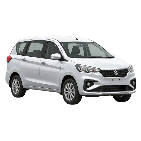 silver 2026 Maruti Ertiga front three-quarter (facing left) view