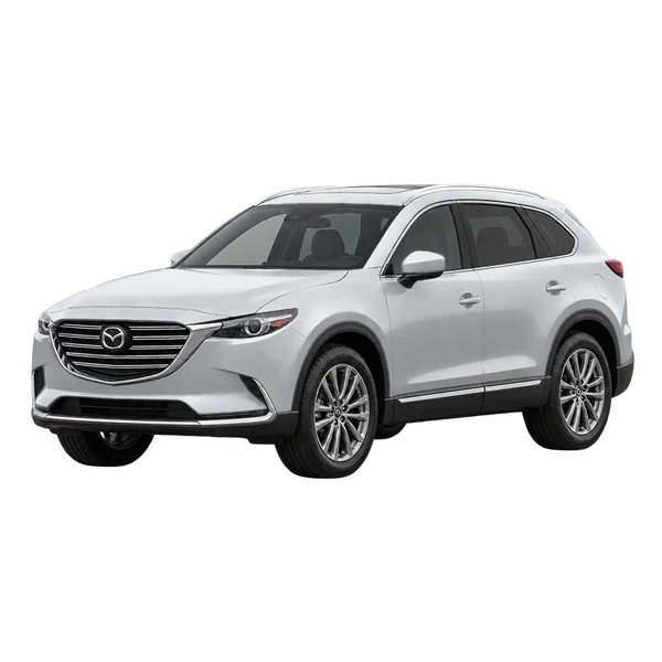silver 2021 Mazda CX-9 front three-quarter (facing left) view
