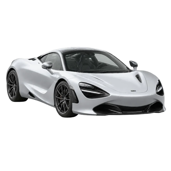 silver 2022 McLaren 720S front three-quarter (facing left) view