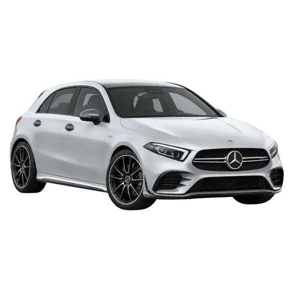 silver 2020 Mercedes-Benz AMG A 35 front three-quarter (facing left) view