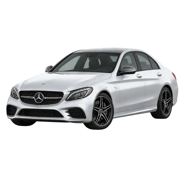 silver 2019 Mercedes-Benz AMG C 43 front three-quarter (facing left) view