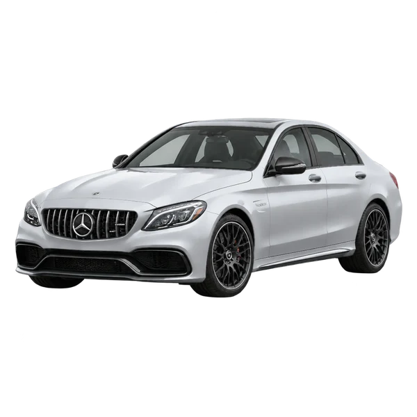silver 2018 Mercedes-Benz AMG C 63 front three-quarter (facing left) view