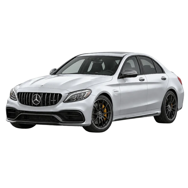 silver 2019 Mercedes-Benz AMG C 63 front three-quarter (facing left) view