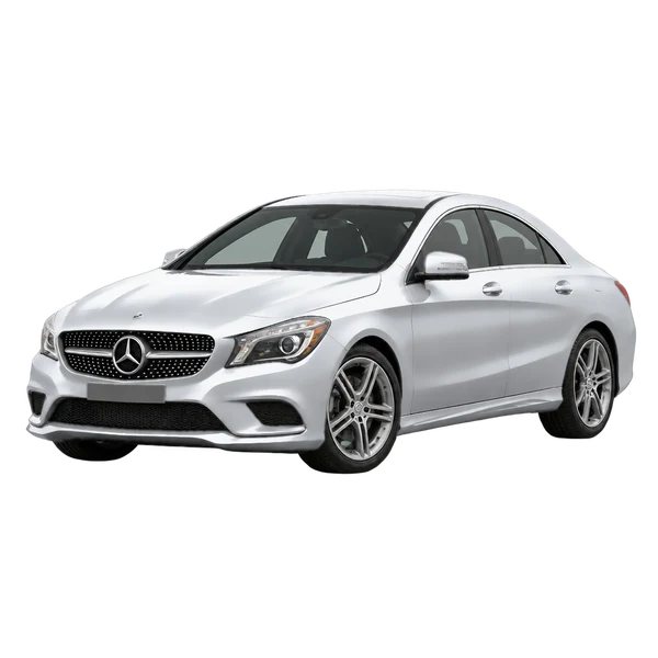 silver 2016 Mercedes-Benz CLA 250+ front three-quarter (facing left) view
