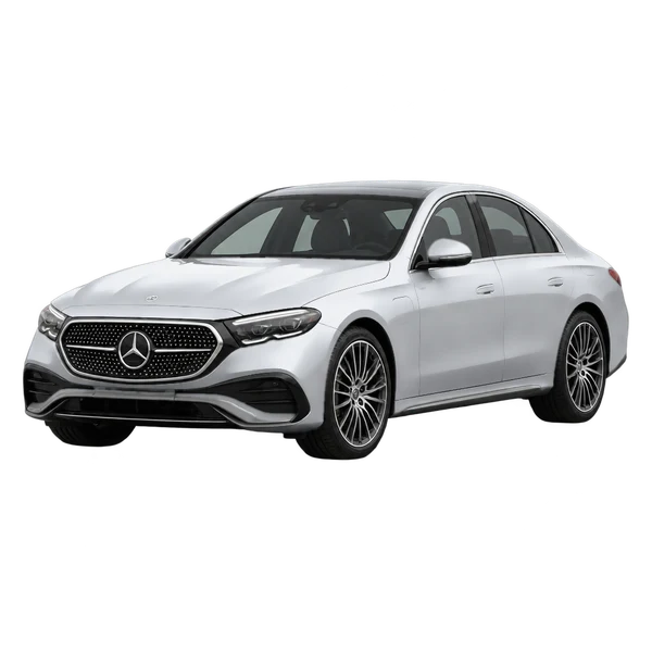 silver 2026 Mercedes-Benz E 300 E front three-quarter (facing left) view