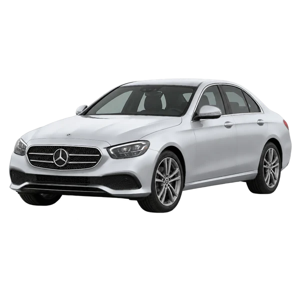 silver 2022 Mercedes-Benz E 350 front three-quarter (facing left) view