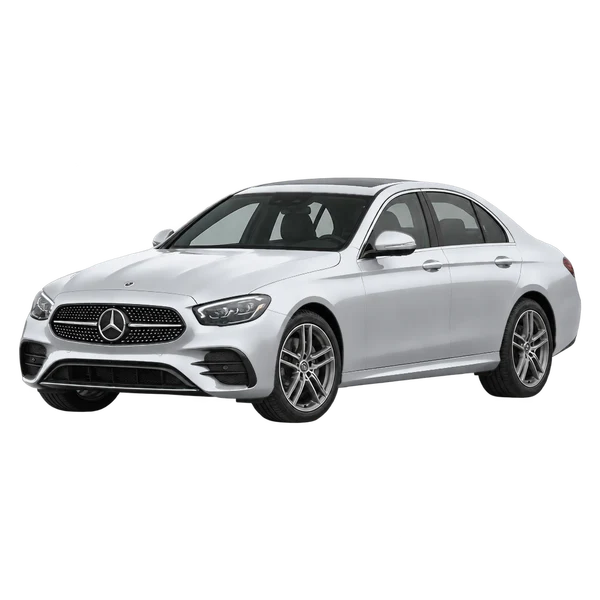 silver 2023 Mercedes-Benz E 350 front three-quarter (facing left) view