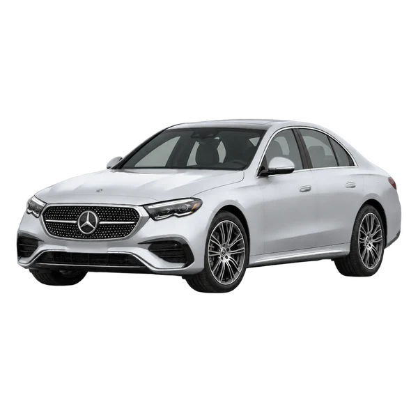 silver 2024 Mercedes-Benz E-Class front three-quarter (facing left) view
