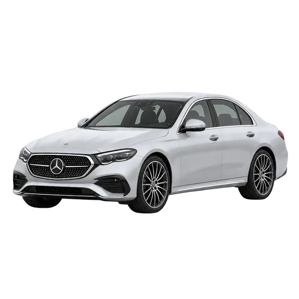 silver 2027 Mercedes-Benz E-Class front three-quarter (facing left) view