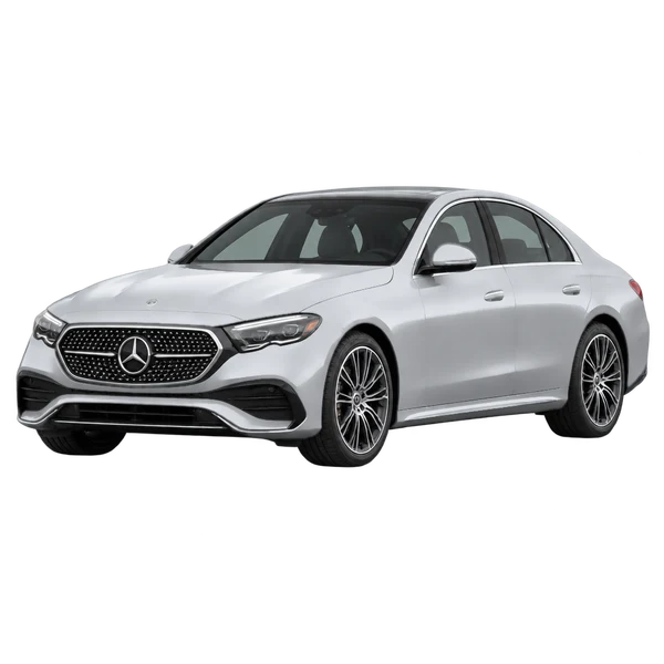 silver 2025 Mercedes-Benz E350 front three-quarter (facing left) view