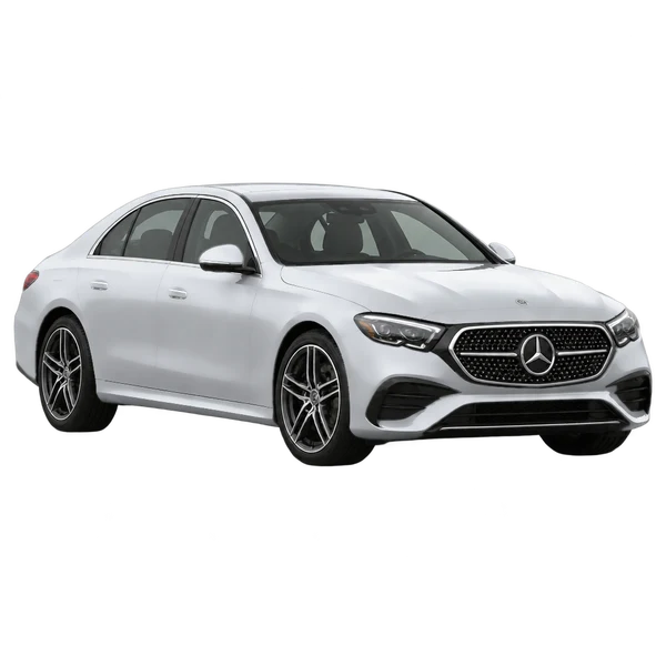 silver 2026 Mercedes-Benz E350 front three-quarter (facing left) view