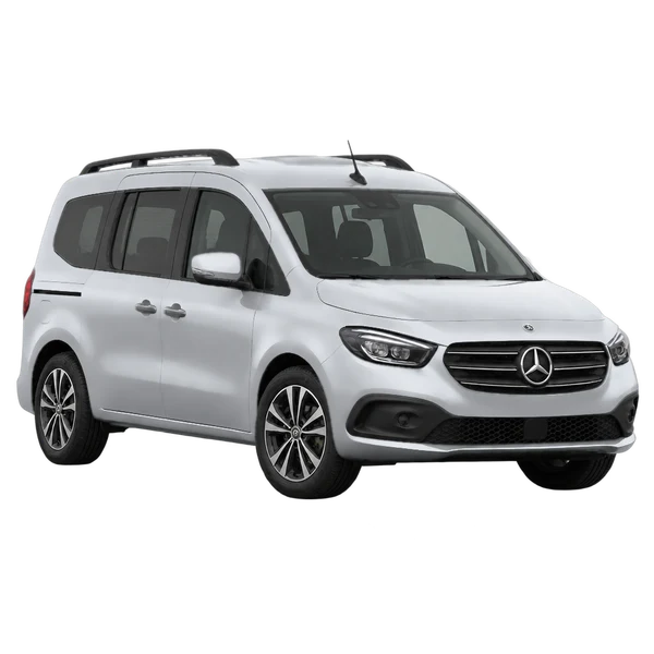 silver 2023 Mercedes-Benz EQT front three-quarter (facing left) view