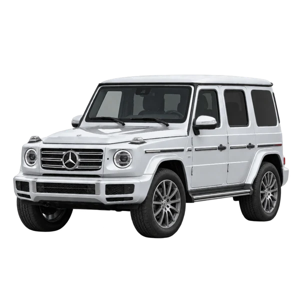 silver 2024 Mercedes-Benz G-Class front three-quarter (facing left) view