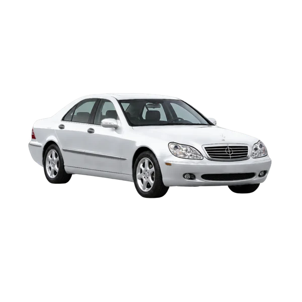 silver 2001 Mercedes-Benz S-Class front three-quarter (facing left) view