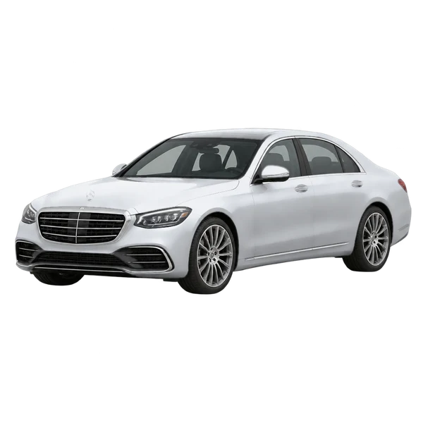 silver 2025 Mercedes-Benz S-Class front three-quarter (facing left) view
