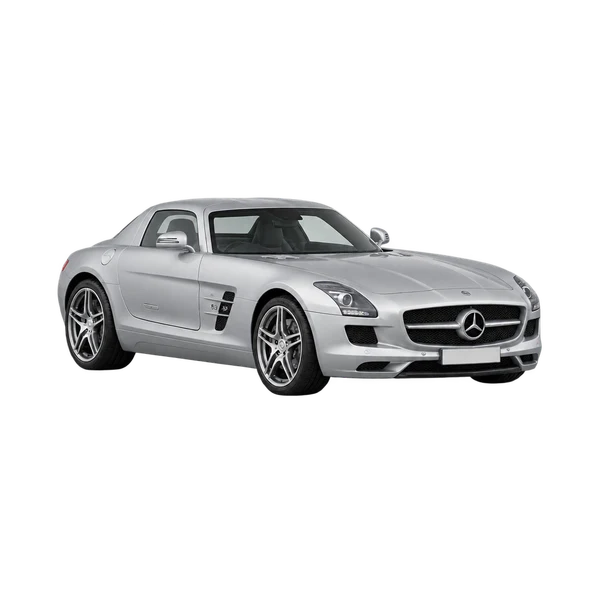 silver 2016 Mercedes-Benz SLS front three-quarter (facing left) view