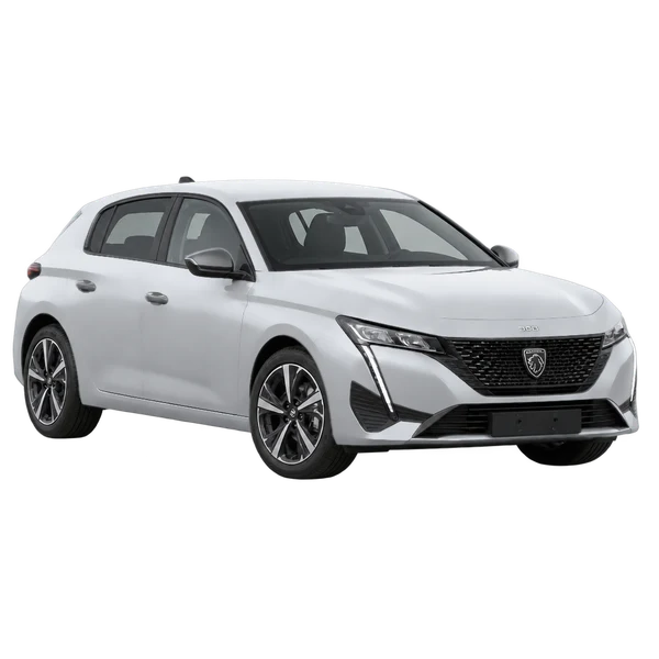 silver 2025 Peugeot 308 front three-quarter (facing left) view