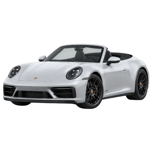 silver 2024 Porsche 911 Carrera 4 GTS Cabriolet front three-quarter (facing left) view