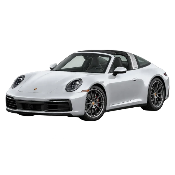 silver 2023 Porsche 911 Targa front three-quarter (facing left) view