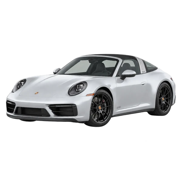silver 2026 Porsche 911 Targa 4 GTS front three-quarter (facing left) view