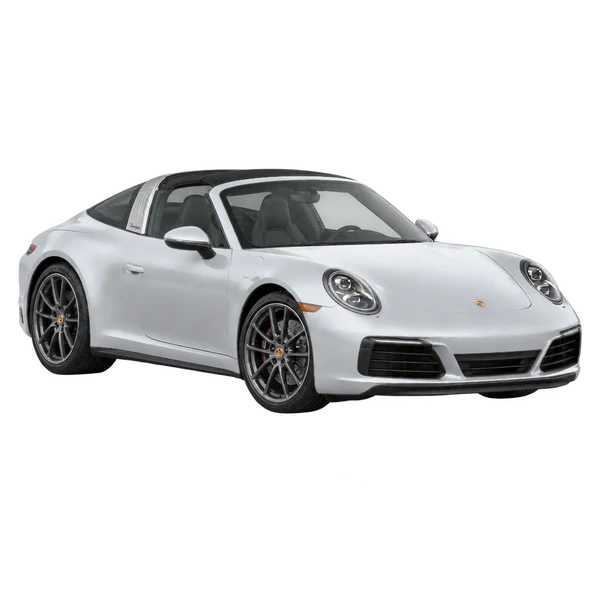 silver 2019 Porsche 911 Targa 4S front three-quarter (facing left) view